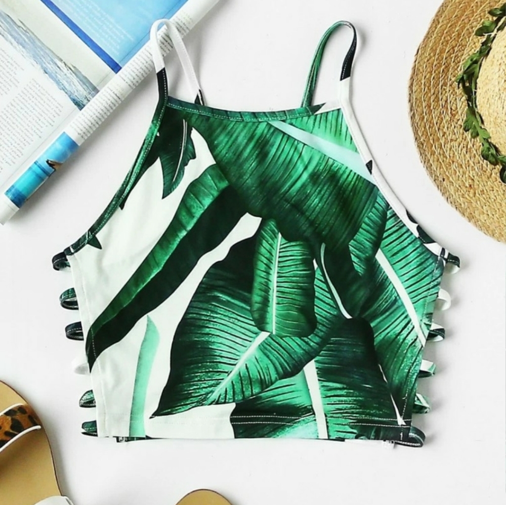 Palm Leaf Print Ladder Strap Side Racer Crop Top